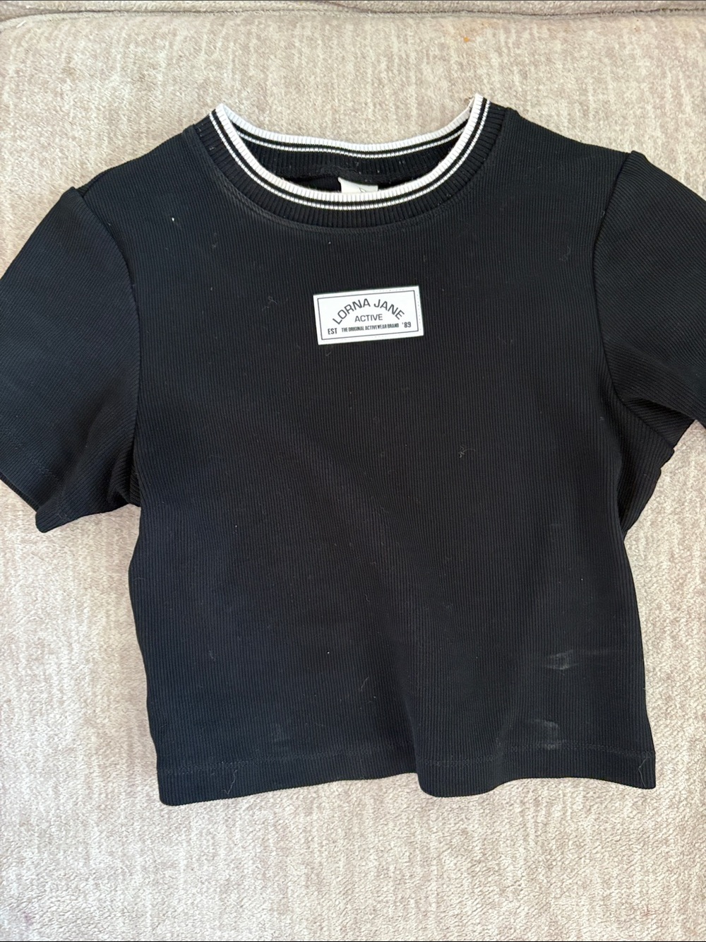 Lorna Jane Black Short Sleeve Ribbed Tee with Contrast Stripe Neck